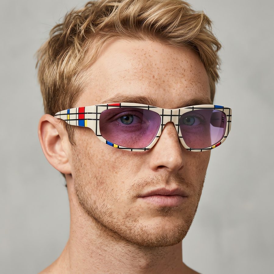 EYWR #052 — Mondrian-print wraparound frames with purple gradient lenses
