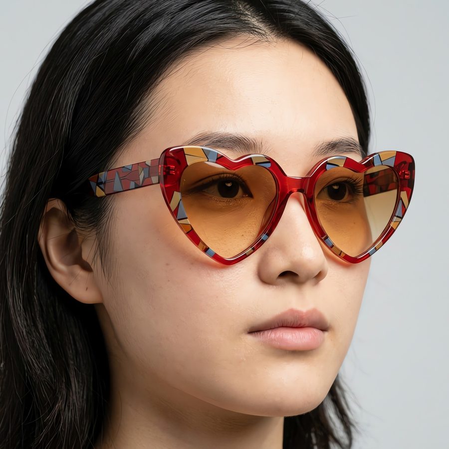 EYWR #107 — red heart-shaped Cubism-print sunglasses with amber lenses