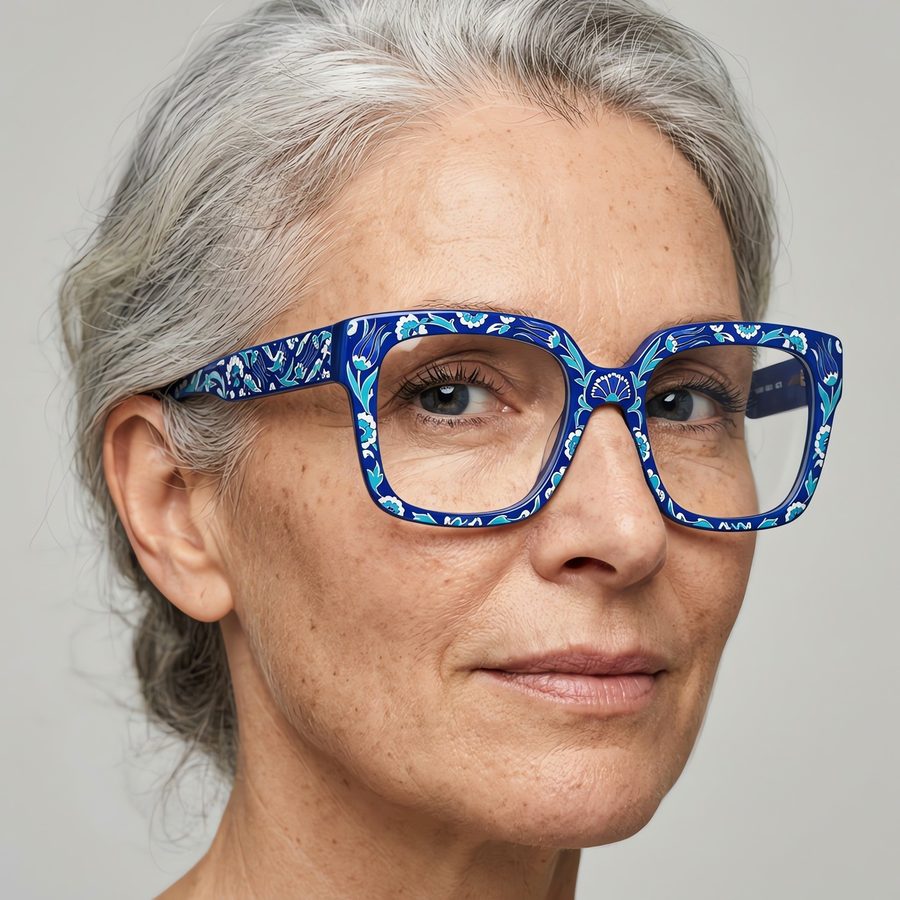 EYWR #183 — oversized square enamel frames in a cobalt Iznik tile print
